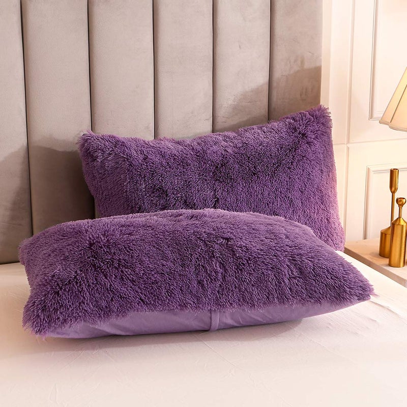 Uhamho Faux Fur Velvet Fluffy Bedding Duvet Cover Set Down Comforter Quilt Cover with Pillow Shams, Ultra Soft Warm (King, Purple) - Image 4